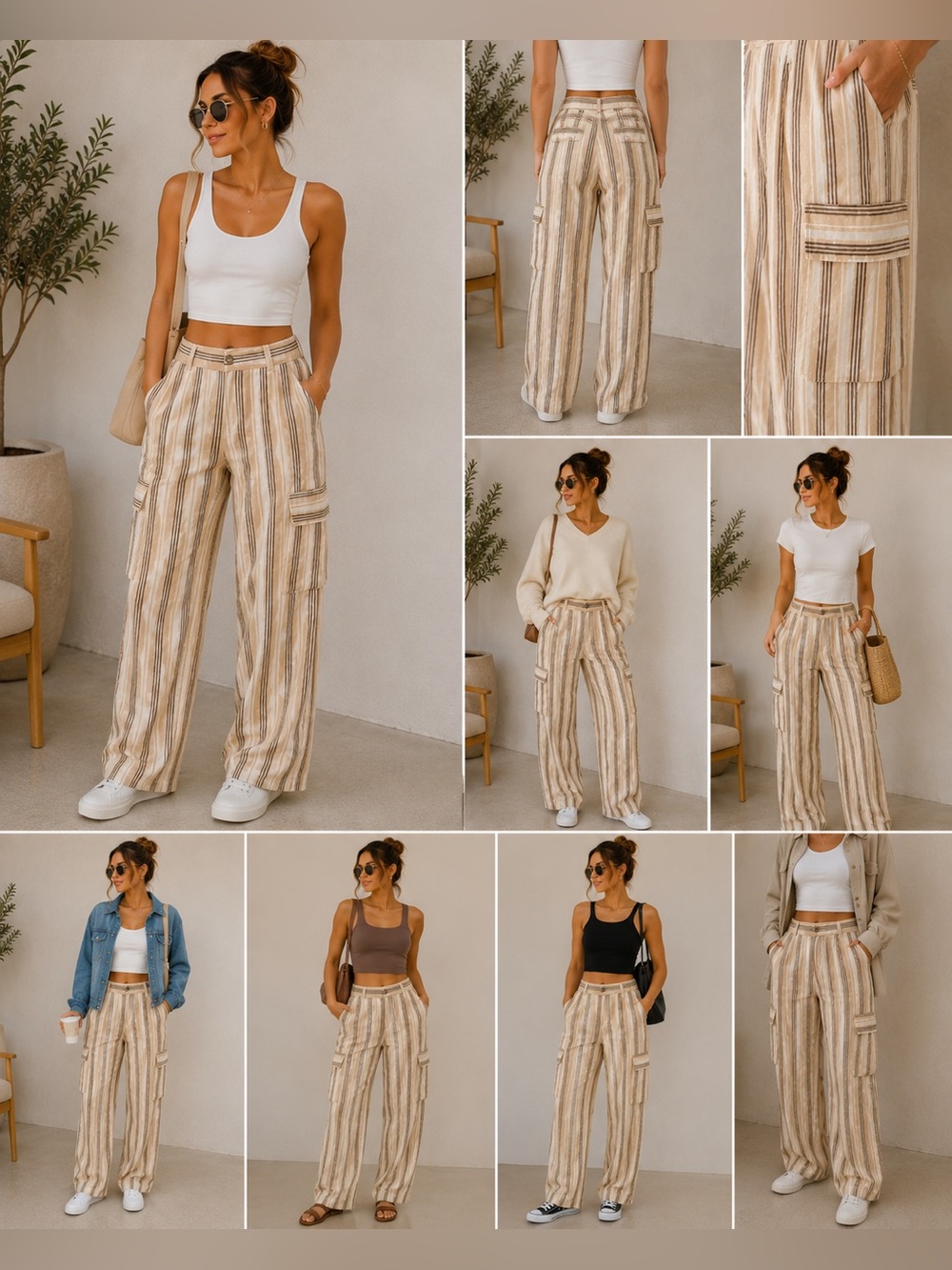 Daisy Street Striped Wide Leg Cargo Pants Beige Brown NWT Size L